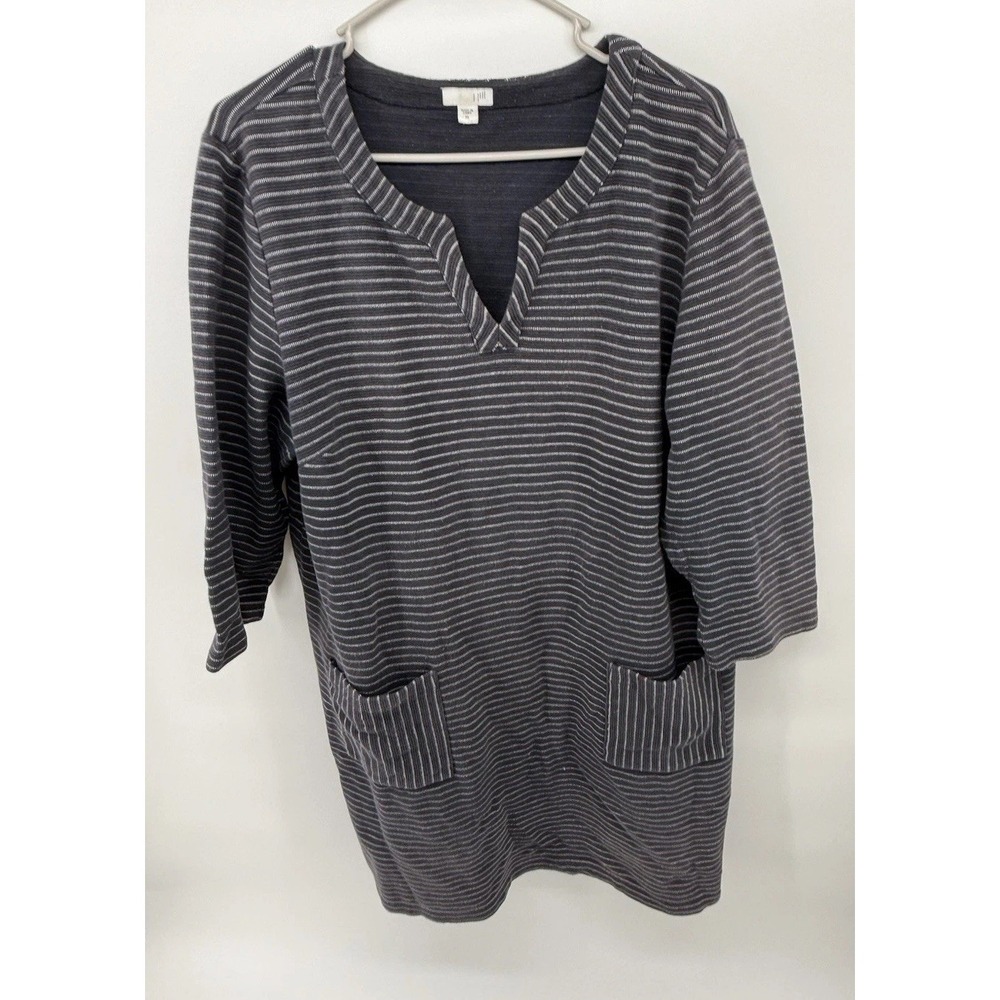 J Jill Navy Striped V Neck 3/4 Sleeve Casual Dress Women Size XL